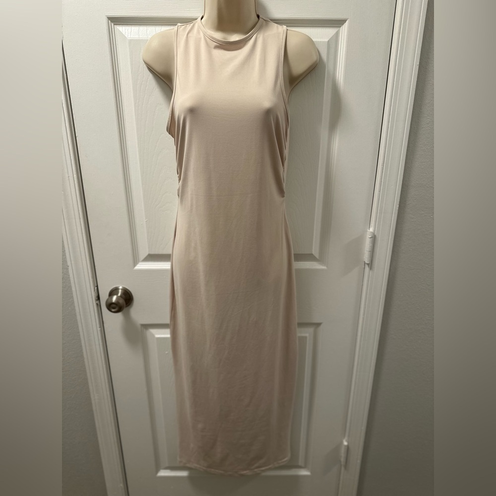 SHEIN Tan Mock Neck Sheath Midi Dress